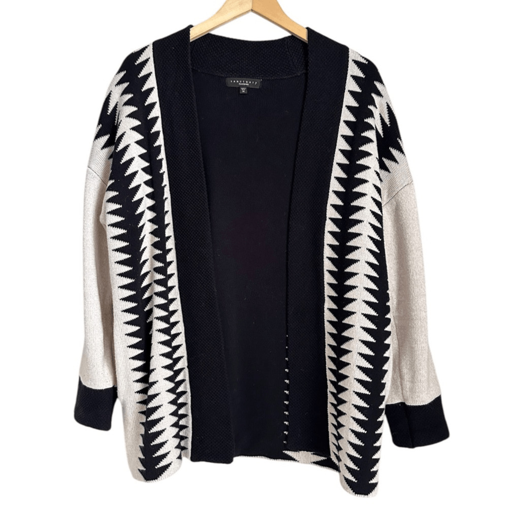 Sanctuary M Black Cream Aztec Geometric Open Front Cardigan Sweater Pockets
